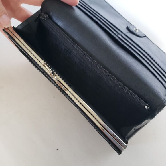 Anna Sui Wallet Clutch Gray Black Envelope Leather Canvas Boho Geometric Large - Picture 6 of 12